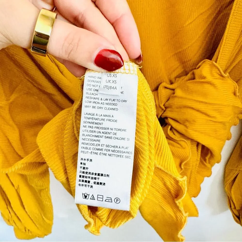 FP FREE PEOPLE Gold Mustard Ruffle Knit Open Back Balloon Sleeve Blouse Top XS